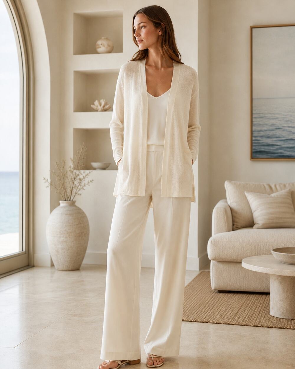 Calypso St. Barth 100% Cashmere Open Front Cardigan XS Ivory Lightweight